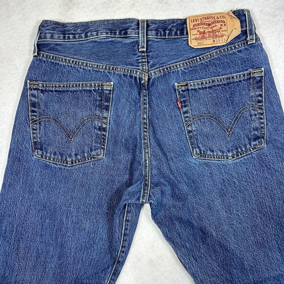 Levis 501 Jeans Mens 33x30 Blue Straight Button Fly American Dark Wash Denim - Picture 14 of 16